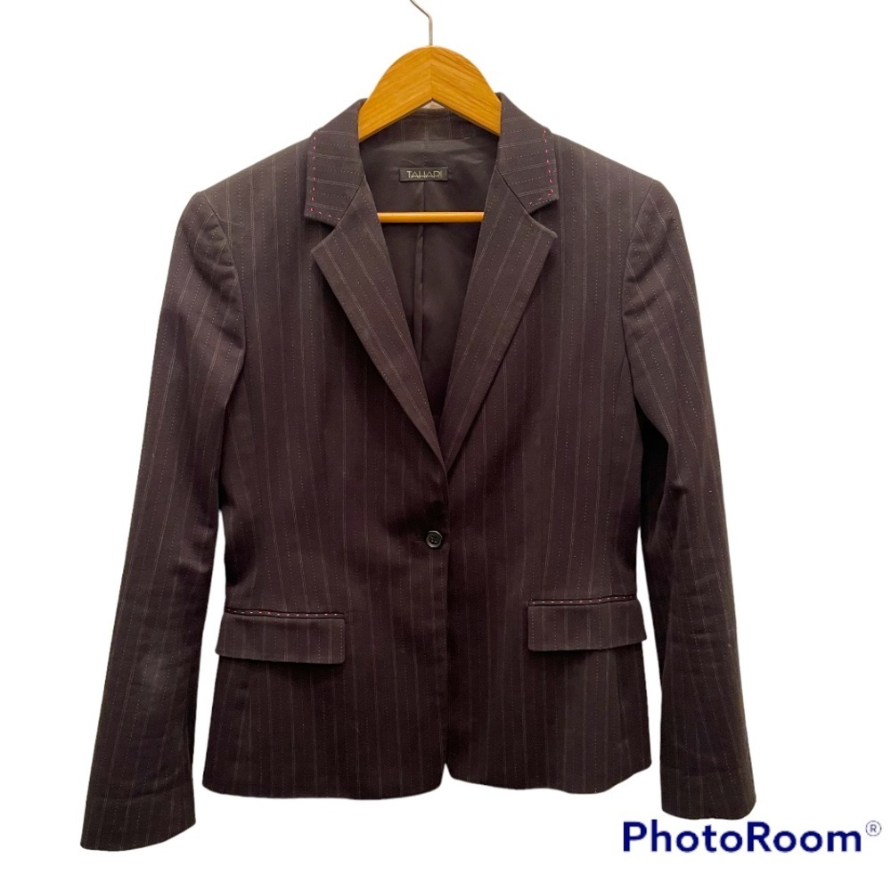Tahari | Black Pinstripe Blazer with Pink Stitched Accents